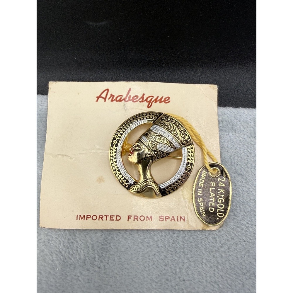 Egyptian Revival Brooch Spain Gold Plated Enamel Nefertiti